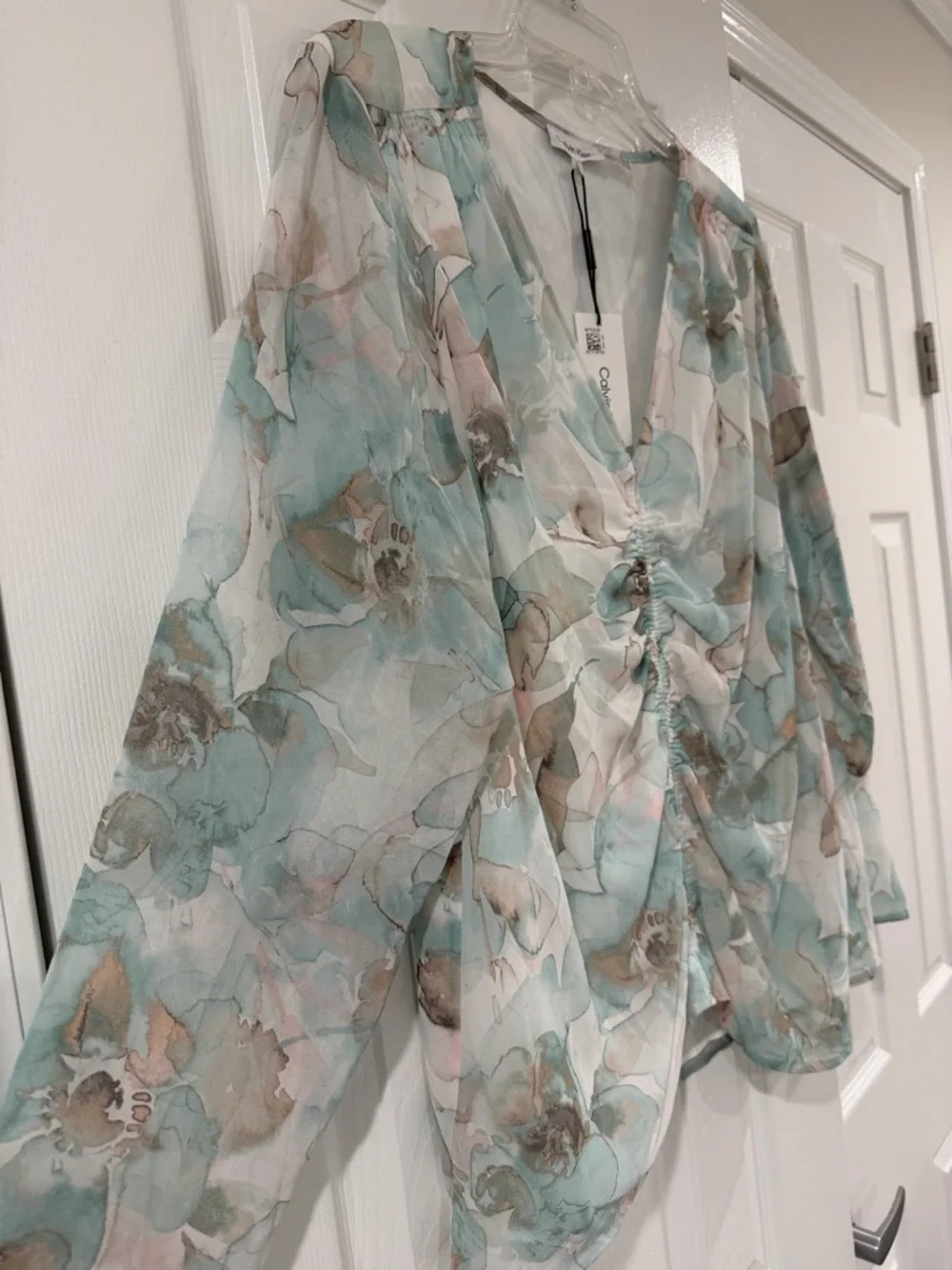 Calvin Klein Sheer Aqua Floral Ruched V-Neck Blouse - Picture 4 of 7